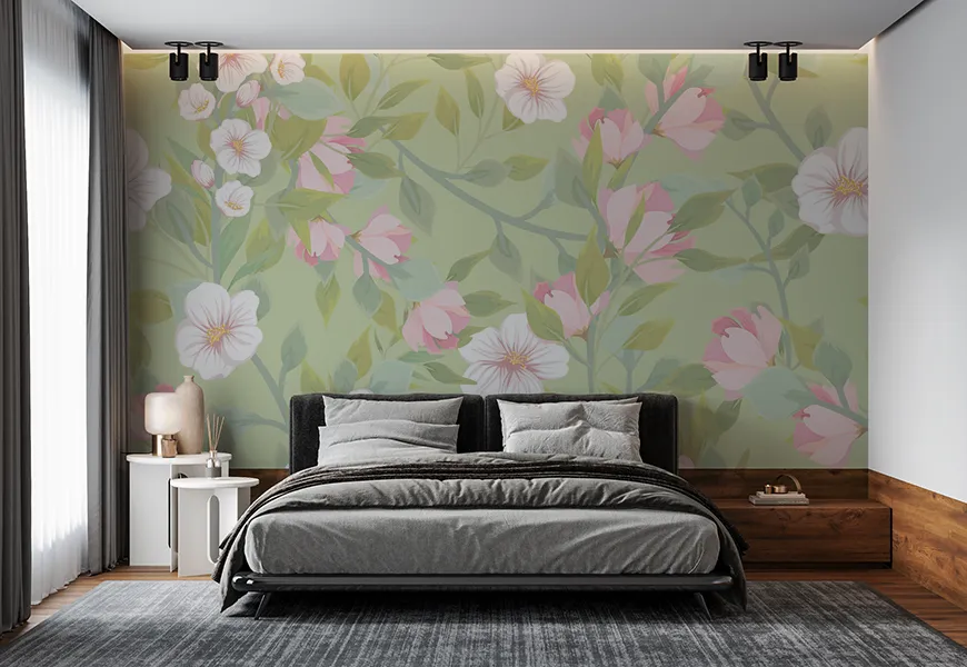 پوستر دیواری سه بعدی اتاق خواب عروس و داماد طرح شکوفه سیب